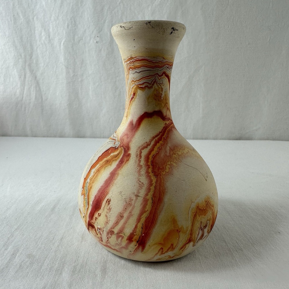 Vtg Nemadji Pottery Water Color Marbelized Orange Swirl 6" Bud Vase Mid-Century